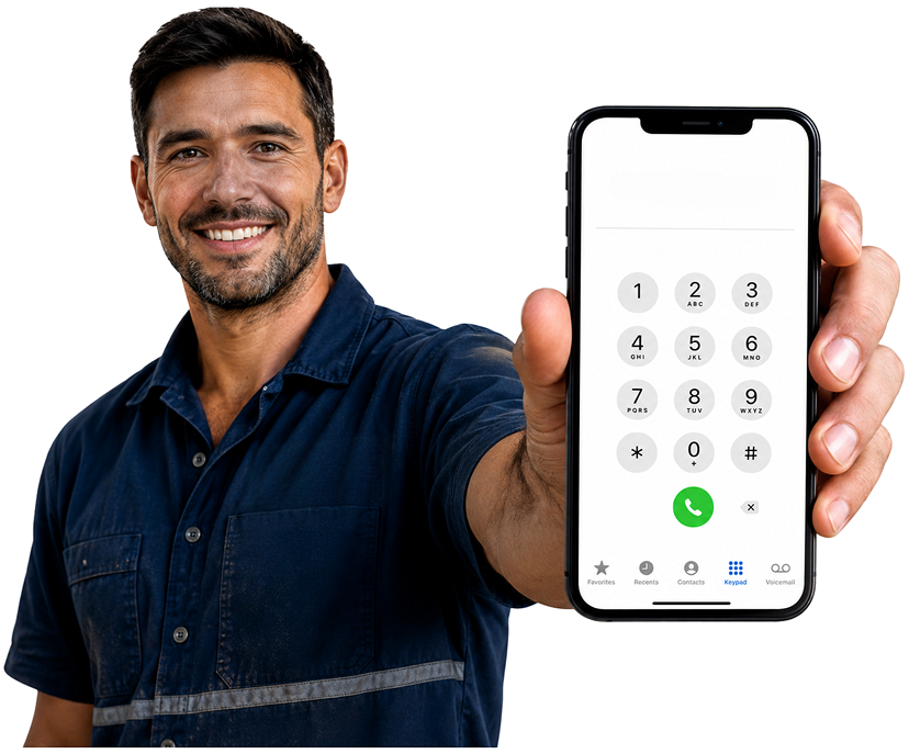 St Andrews Blocked Drains plumber holding a phone — call 1300 261 965