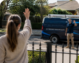 Customer waving goodbye to a St Andrews Blocked Drains plumber